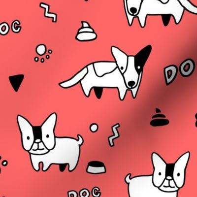 Sketchy cute corgi dog and French bulldog  pattern design. Red.