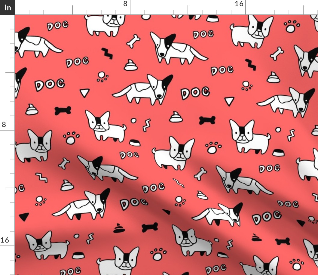 Sketchy cute corgi dog and French bulldog  pattern design. Red.