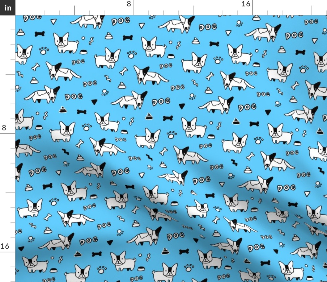 Sketchy cute corgi dog and French bulldog pattern design. Blue