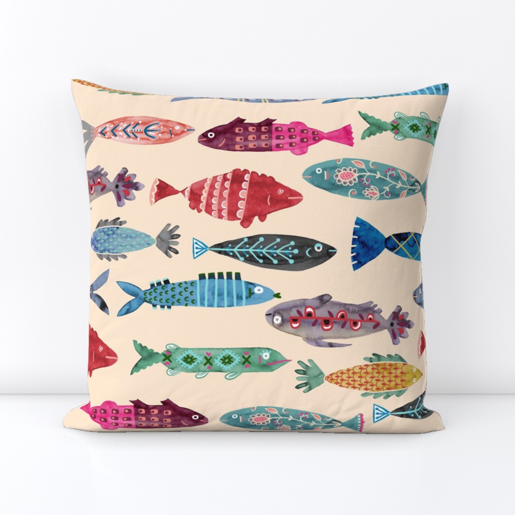 Large Colorful Folk Fish - tan background