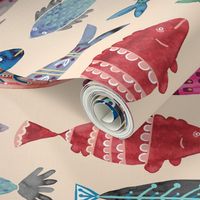 Large Colorful Folk Fish - tan background