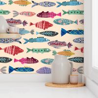 Large Colorful Folk Fish - tan background