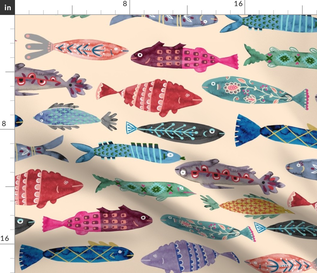 Large Colorful Folk Fish - tan background