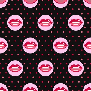 Retro 80s pixel lips pink red polka dots black