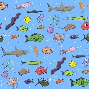 Cute cartoon sea life fish pattern with blue background