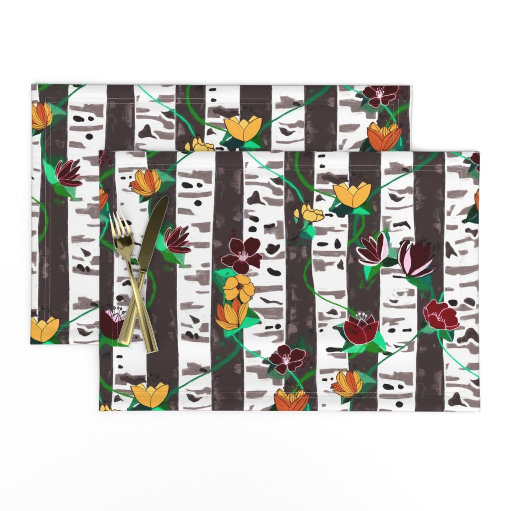 Birch Trees And Floral Vines On Grey - big version 