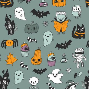 Halloween Funny cute spooky kids pattern with witch, Dracula, pumpkins, ghosts etc.