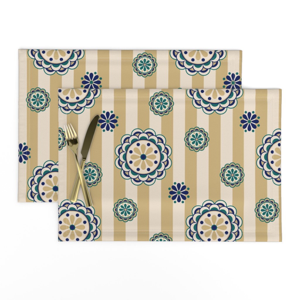 mod flowers on stripes, navy, teal, tan