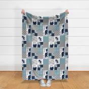 Camp Yellowstone Cheater Quilt (rotated)– Bears Moose Wholecloth – Navy Gray Blue Design