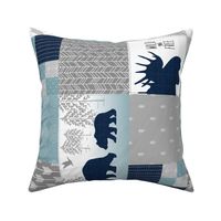 Camp Yellowstone Cheater Quilt (rotated)– Bears Moose Wholecloth – Navy Gray Blue Design