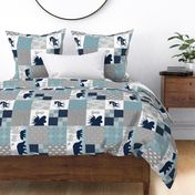 Camp Yellowstone Cheater Quilt (rotated)– Bears Moose Wholecloth – Navy Gray Blue Design