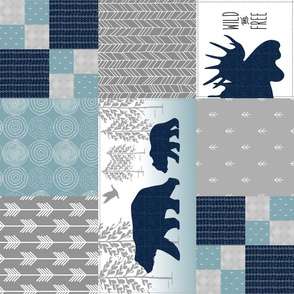 Camp Yellowstone Cheater Quilt (rotated)– Bears Moose Wholecloth – Navy Gray Blue Design