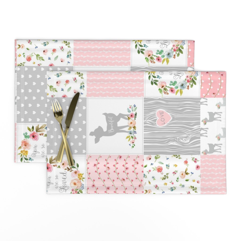 Deer Cheater Quilt Wholecloth – You Are So Loved – Gray Blush Peach Fawn Baby Girl Patchwork 1A (rotated)