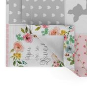 Deer Cheater Quilt Wholecloth – You Are So Loved – Gray Blush Peach Fawn Baby Girl Patchwork 1A (rotated)