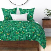 Foxes in the emerald forest in green