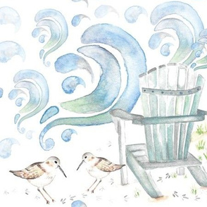 Beachin': waves, chair, and sandpiper watercolor 2