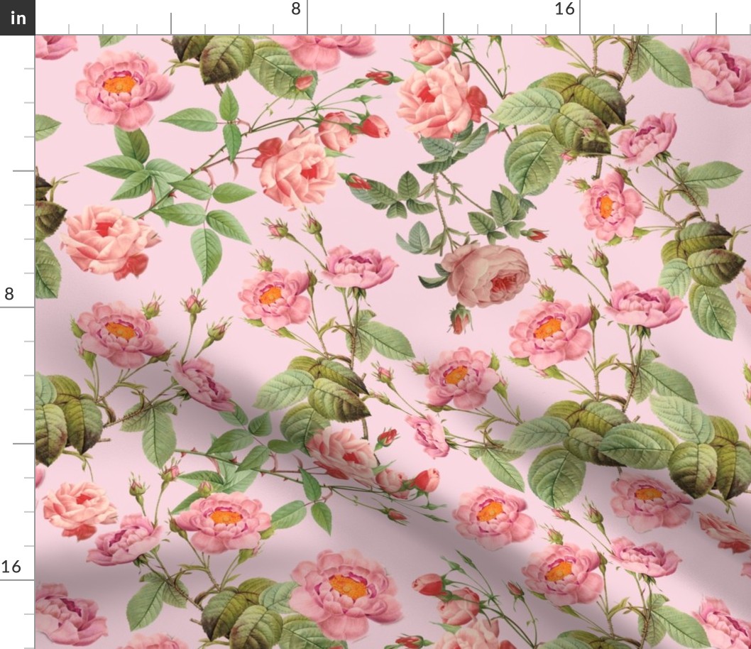 18"   Pierre-Joseph Redouté- Pierre-Joseph Redoute- Redouté fabric,Roses fabric-Redoute roses-Lovely Vintage Roses on Pink