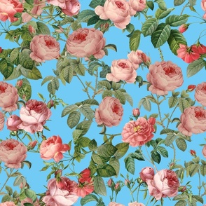 Nostalgic Coral Pierre-Joseph Redouté Flowers, Antique Bloom Bouquets, Vintage Home Decor,   English Rose Fabric on Teal