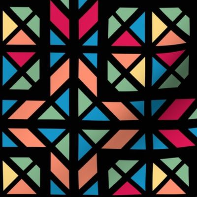 Stained glass colorful mosaic black contour Fabric