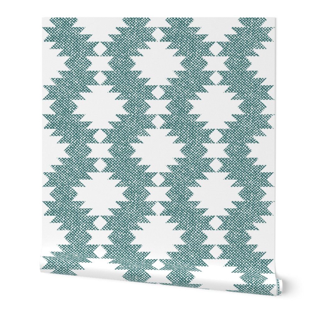 Aztec Kilim burlap texture pine green white diamonds Wallpaper