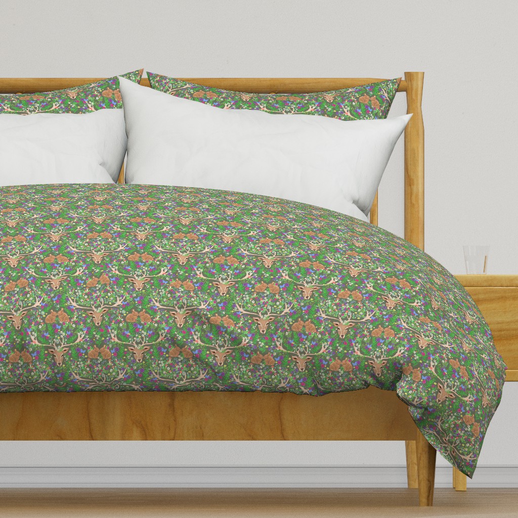  deer and rabbit floral with ferns, flowers and red mushrooms on an olive green background for babies and kids