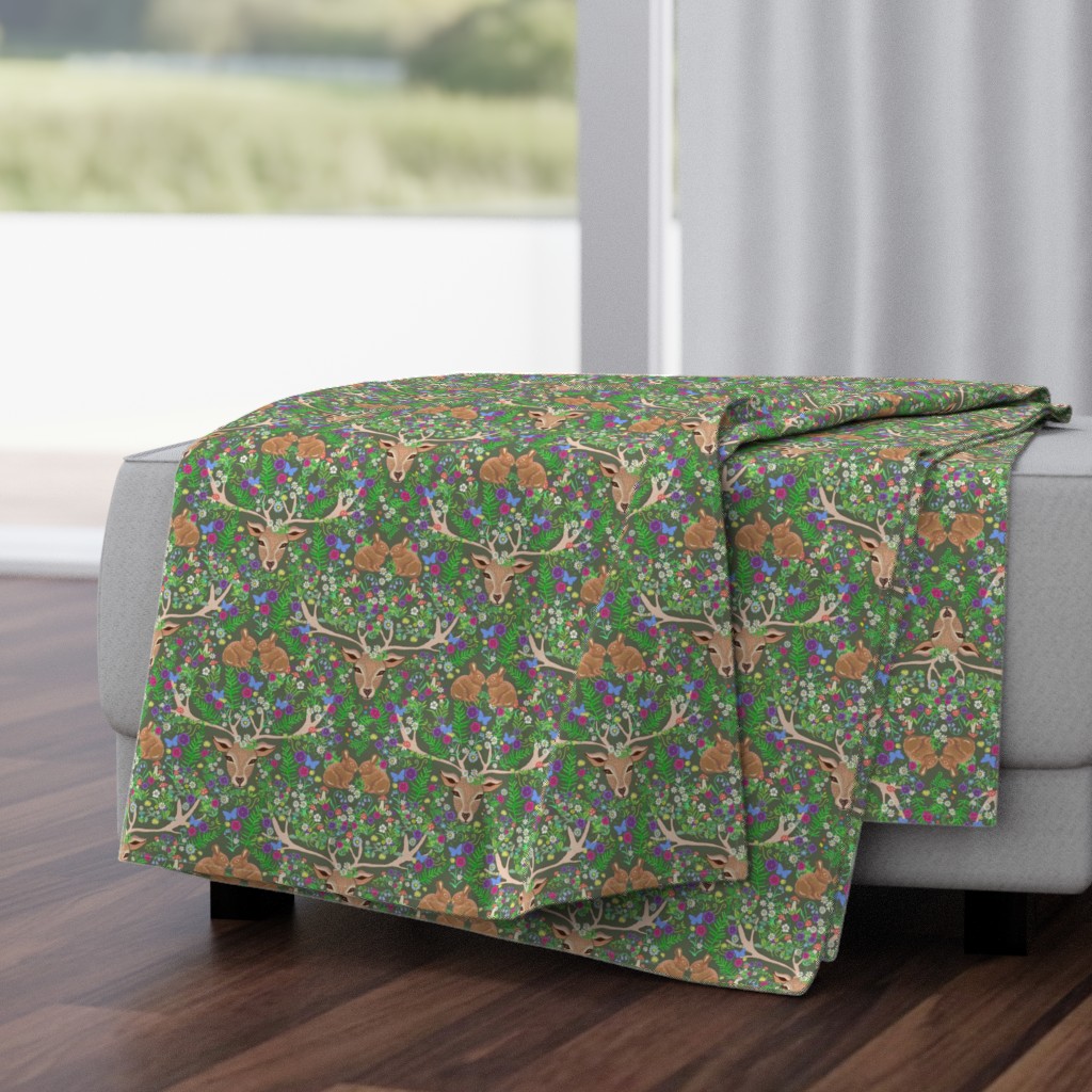  deer and rabbit floral with ferns, flowers and red mushrooms on an olive green background for babies and kids