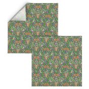  deer and rabbit floral with ferns, flowers and red mushrooms on an olive green background for babies and kids