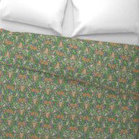  deer and rabbit floral with ferns, flowers and red mushrooms on an olive green background for babies and kids