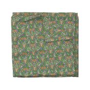  deer and rabbit floral with ferns, flowers and red mushrooms on an olive green background for babies and kids