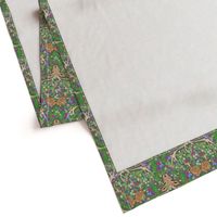  deer and rabbit floral with ferns, flowers and red mushrooms on an olive green background for babies and kids