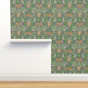  deer and rabbit floral with ferns, flowers and red mushrooms on an olive green background for babies and kids