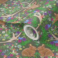  deer and rabbit floral with ferns, flowers and red mushrooms on an olive green background for babies and kids