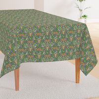  deer and rabbit floral with ferns, flowers and red mushrooms on an olive green background for babies and kids