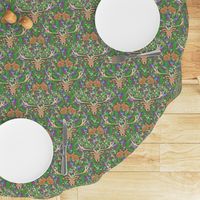  deer and rabbit floral with ferns, flowers and red mushrooms on an olive green background for babies and kids