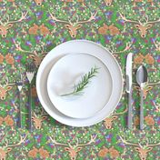  deer and rabbit floral with ferns, flowers and red mushrooms on an olive green background for babies and kids