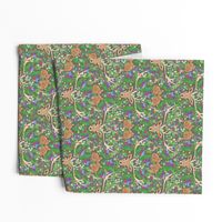  deer and rabbit floral with ferns, flowers and red mushrooms on an olive green background for babies and kids