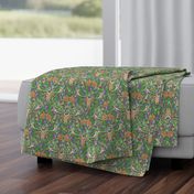  deer and rabbit floral with ferns, flowers and red mushrooms on an olive green background for babies and kids