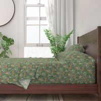  deer and rabbit floral with ferns, flowers and red mushrooms on an olive green background for babies and kids