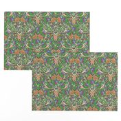  deer and rabbit floral with ferns, flowers and red mushrooms on an olive green background for babies and kids