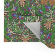  deer and rabbit floral with ferns, flowers and red mushrooms on an olive green background for babies and kids