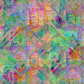 happy busy ghostly fantomatic city buildings lozenges 3 rainbow geometric