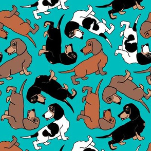 1950s Style Assorted Dachshund Puppies on Blue-Green