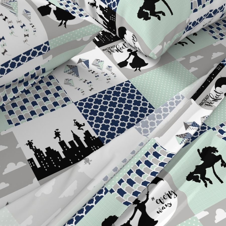 Practically Perfect - Navy/Mint - Wholecloth Cheater Quilt