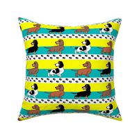 1950s Style Assorted Dachshund Puppies on Blue and Yellow Stripe