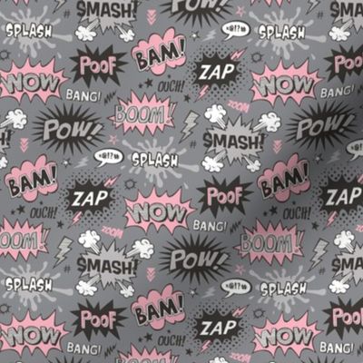 Superhero Comic Pop art Speech Bubbles Words Pink on Grey Smaller