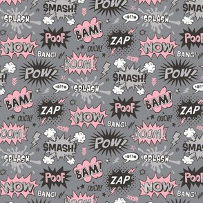 Superhero Comic Pop art Speech Bubbles Words Pink on Grey Smaller