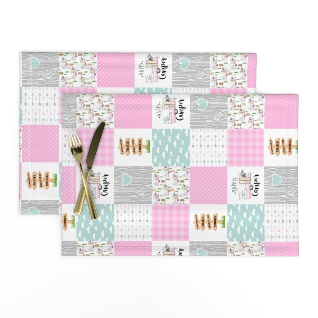 3 inch Happy Camper//Pink - Wholecloth Cheater Quilt - Rotated