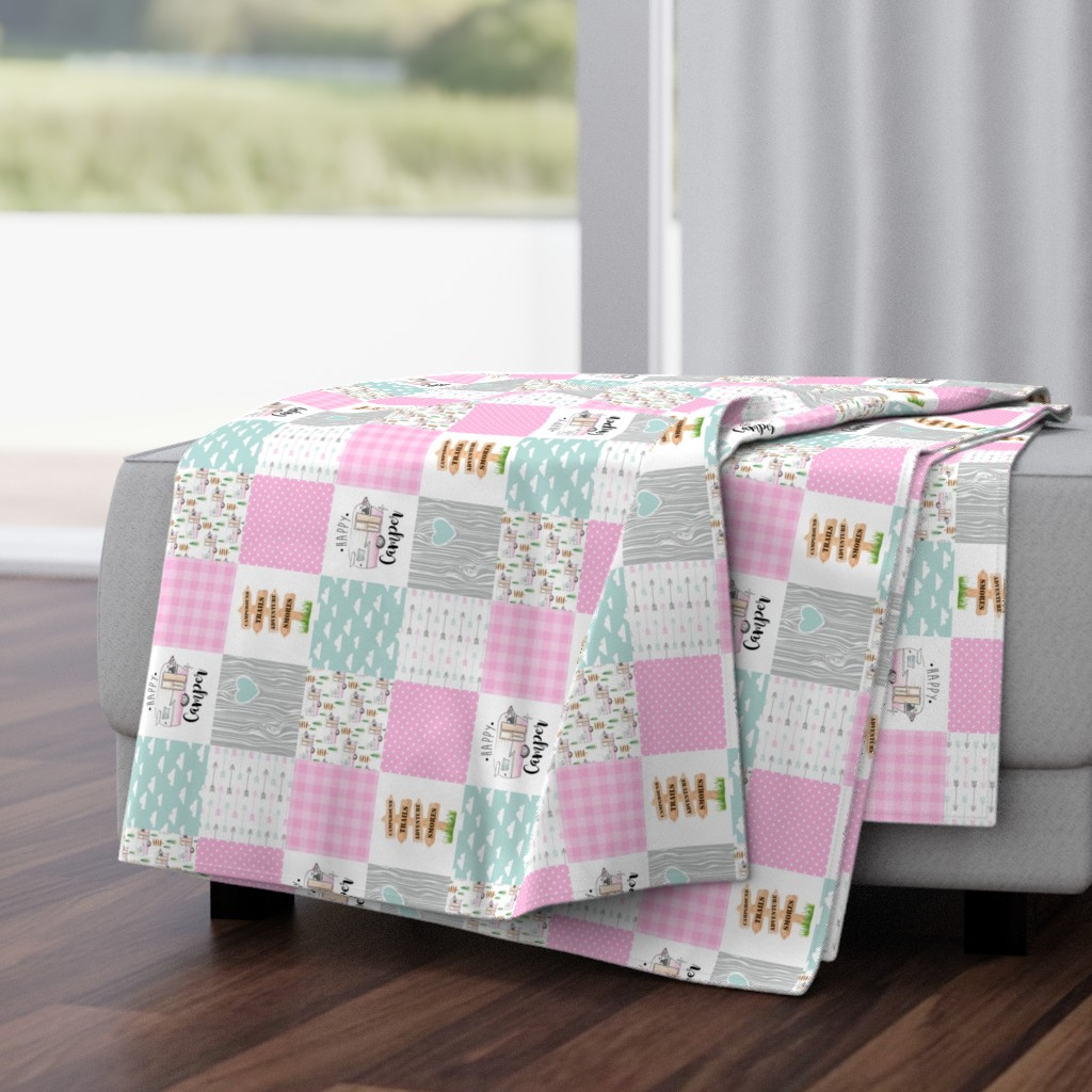 3 inch Happy Camper//Pink - Wholecloth Cheater Quilt - Rotated