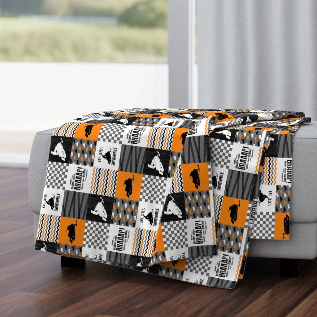 3 inch Eat Sleep Snowmobile//Orange - Wholecloth Cheater Quilt - Rotated