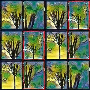 Emerald Forest Watercolor tree blk outlined tile 12-patch